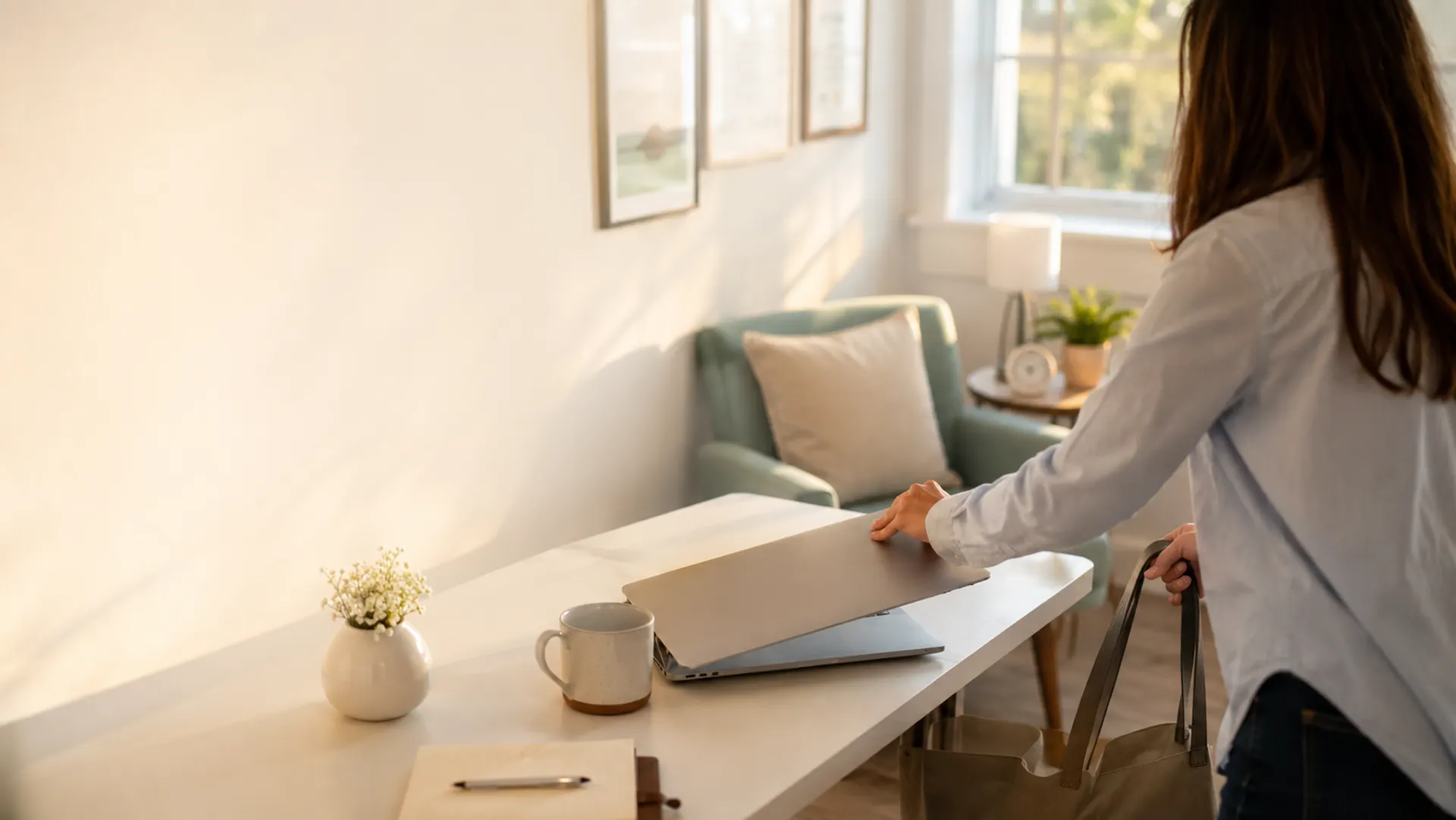 A practitioner closing their laptop and picking up their bag in a sunlit consulting room at the end of the day.